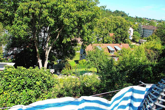 Blick von der Terrasse des Kleingartens auf das Mietshaus, in dem die Schmidts wohnen.