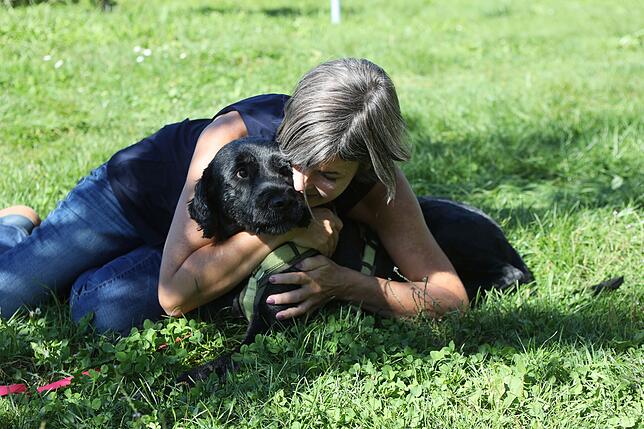 Angelegte Ohren, ein grimmiger Blick von unten nach oben: Hunde mögen es nicht, wenn sich Mensch auf sie legt.