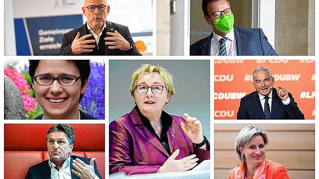 Eine Mischung aus bekannten und neuen Gesichtern: Sieben Mitglieder der neuen Landesregierung. Obere Reihe, von links: Winfried Herrmann ...