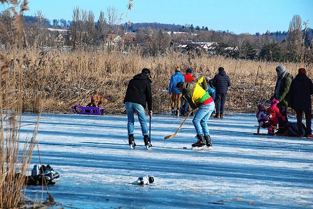 Bild 7: Das Eis ist da! Zahlreiche Kufen-Freunde waren am Sonntag zwischen Hegne und der Reichenau unterwegs. Die Kälte sorgte außerdem für tolle Eisskulpturen