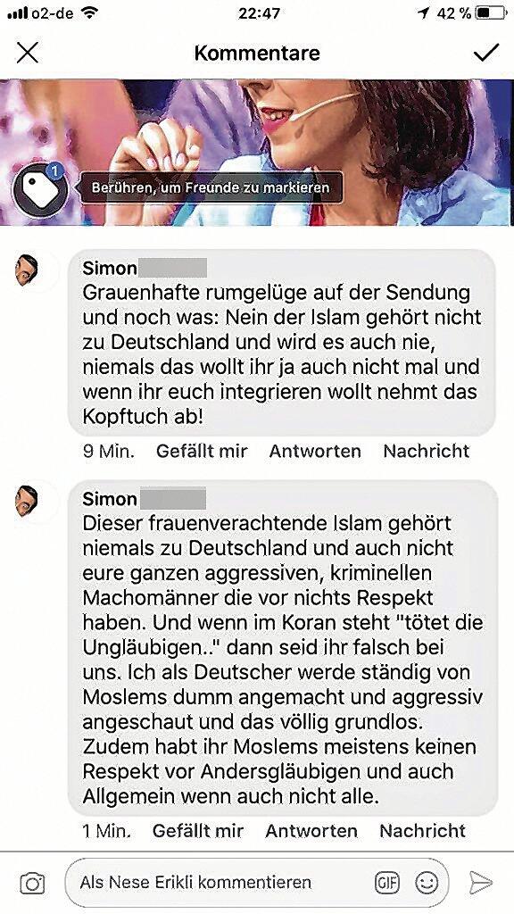 Ein Auszug aus Eriklis Facebook-Auftritt: Ein Nutzer holt gegen Muslime aus und verbreitet Vorurteile.