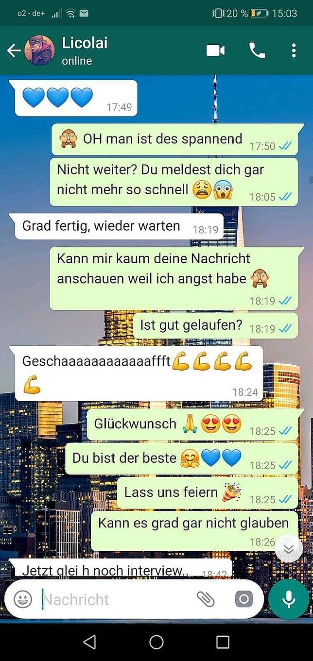 Whatsapp-Verlauf von Danny Fechtig und seiner Freundin während des Auswahlverfahrens.