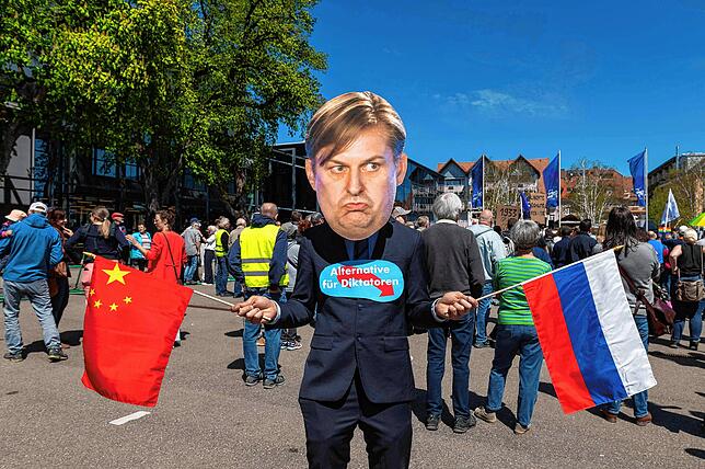 Weder in Person, noch auf Plakaten präsent – ein Demonstrant mit Maske sorgt dafür, dass das Gesicht von AfD-Spitzenkandidat Maximilian ...