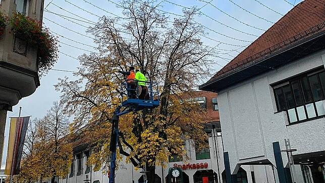 Die Lichternetze in der Steinbrückstraße hängen. Wann sie zum ersten Mal leuchten werden, ist noch offen.