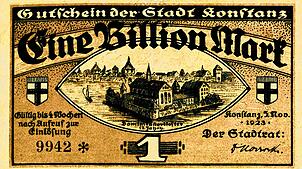 Der höchste je ausgegebene Wert in Konstanz: 1 Billion Mark vom 5. November 1923.