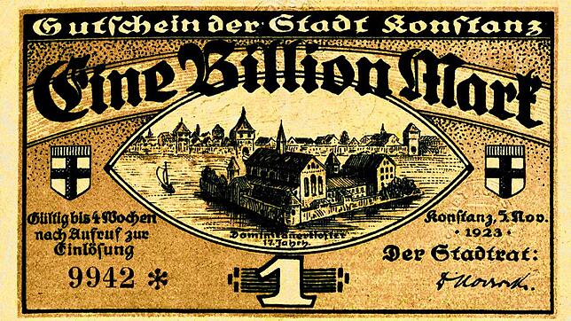 Der höchste je ausgegebene Wert in Konstanz: 1 Billion Mark vom 5. November 1923.