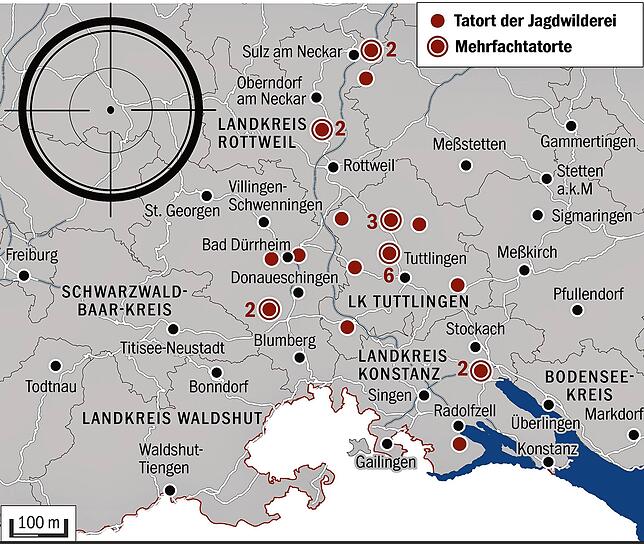 Tatorte der Jagdwilderei in der RegionQuelle: Polizeipräsidium Konstanz / Südkurier-Grafik: Steller