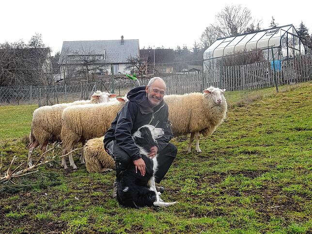 Schäfer Jürgen Schuler mit seinen Schafen und dem Border Collie-Mischling Julien.