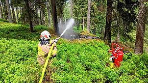 Die Feuerwehr löscht einen Brand nach dem Absturz eines Kleinflugzeuges in der Nähe von Wald im Pinzgau. Beim Absturz eines ...