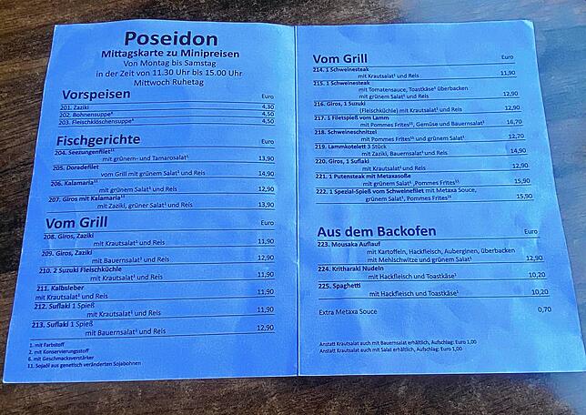 Die Mittagskarte im Restaurant Poseidon.