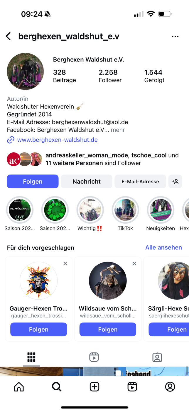 Auf diesem Bild ist die Startseite des Instagram-Profils der Waldshuter Bergehexen am 12. Juni 2025 zu sehen (Screenshot).