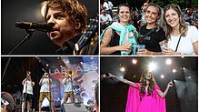 Gute Stimmung und starke Stimmen beim Hohentwielfestival 2023 mit (von links oben) Philipp Poisel, Besucherinnen, La Brass Banda und ...