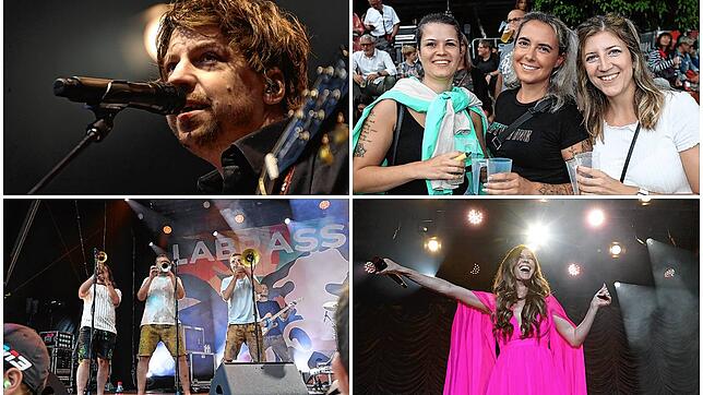Gute Stimmung und starke Stimmen beim Hohentwielfestival 2023 mit (von links oben) Philipp Poisel, Besucherinnen, La Brass Banda und ...