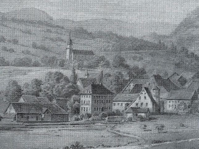 Das Schloss-Areal um 1850 von Osten gesehen (Gemälde): Links bzw. im Süden das große Ökonomiegebäude, 1872 von Arthur von Schönau zur ...
