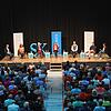 Auf dem Podium bei der SÜDKURIER Wahlarena Yurdagül Co?kun, Rainer Beel, Susen Katter, Michael Mende und Jayden Stefan Grey erstmals ...