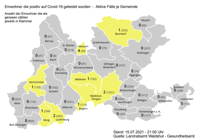 Aktive Coronafälle und Genesene in den Städten und Gemeinden im Kreis Waldshut am 15. Juli 2021.