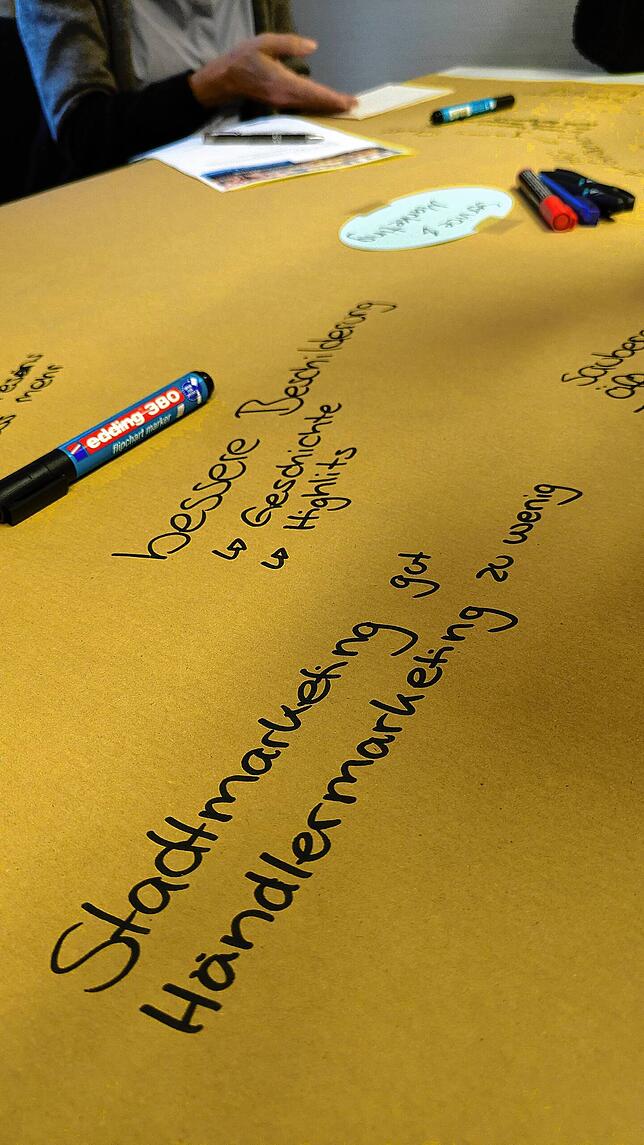 Auf Papier direkt auf dem Tisch können die Teilnehmer Stichworte notieren.