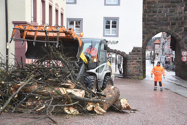 Die Technischen Dienste sind in Villingen-Schwenningen mit schwerem Gerät am Riettor im Einsatz, um den umgestürzten Baum wegzuräumen.