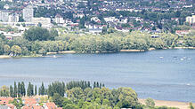 Das Streuhaugebiet vom Schienerberg aus gesehen: Von der Seeseite ist der unberührte Naturzustand des Areals (Mitte bis rechter ...