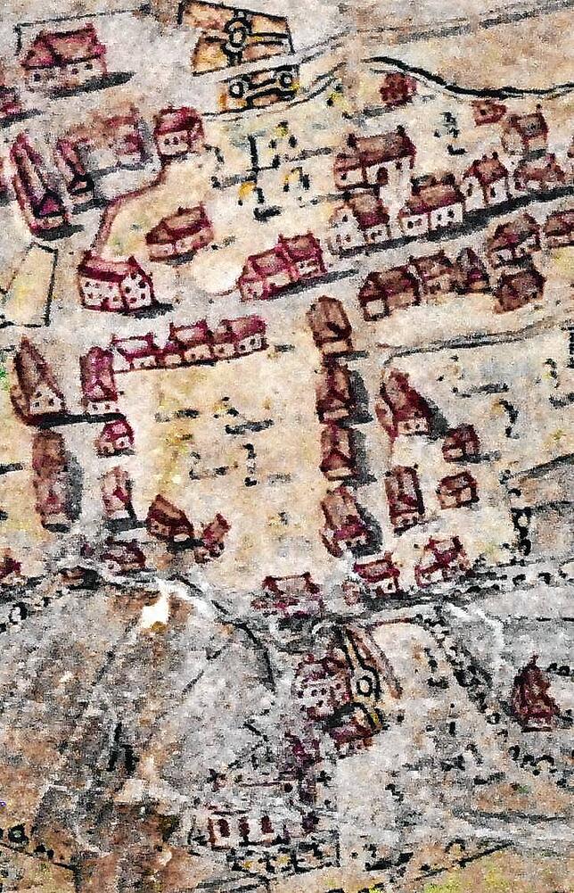 Ausschnitt der Herrschaftskarte von 1777 mit Detail Kirchstraße: Der Geometer hat genau die Lage der Häuser eingezeichnet. Das Feuerwuhr ...