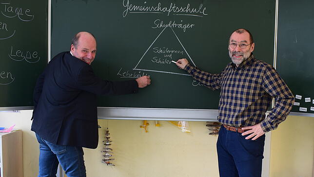 Formulieren Ziele, Wünsche und Themen für die Gemeinschaftsschule Wiestorschule an der Tafel: Schulleiter Jürgen Mattmann (rechts) und ...