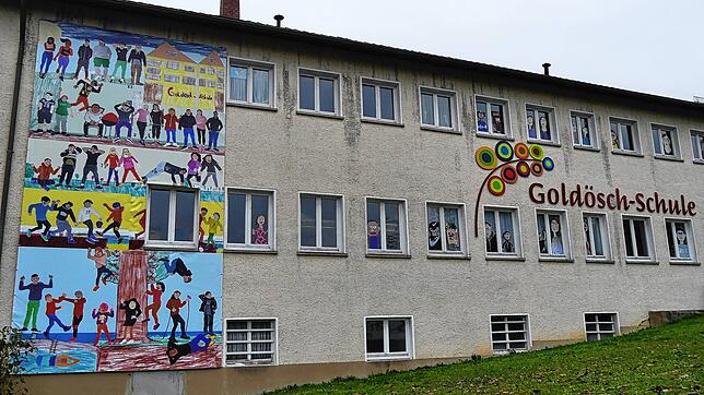 Das Banner für die Schulhaus-Fassade sowie die Köpfe am Fenster haben die Schülerinnen und Schüler der Goldösch-Schule gestaltet.