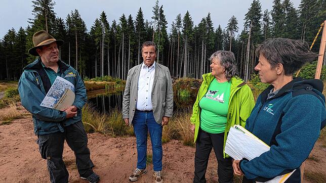 Was ein Weiher kann: Forstamtsleiter Tobias Kühn, Peter Hauk, Minister für Ernährung, Ländlichen Raum und Verbraucherschutz, die ...