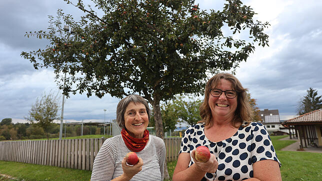 Christine Straub (rechts) und Renate Schmitz lassen sich einen Apfel schmecken. Im Hintergrund der prächtige Obstbaum neben der ...