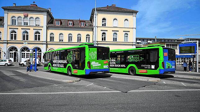 Zwei neue Busse des Stadtverkehrs Friedrichshafen stehen vor dem Bahnhof. Seit Einführung des neuen Fahrplankonzepts 2024 sei die Zahl ...
