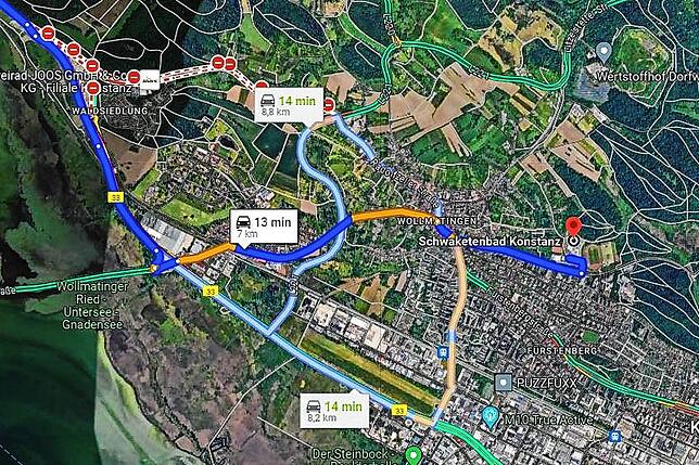 Ein Beispiel von Anfang März: Wir wollen von Hegne zum Schwaketenbad Konstanz fahren. Google Maps empfiehlt uns den Weg über die ...