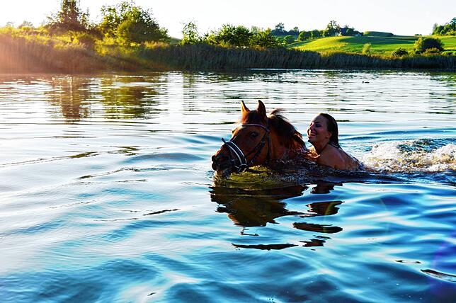 Manche Pferde schwimmen im Sommer gerne, so wie hier die kleine Lilly mit ihrer Besitzerin Mona Lippisch.