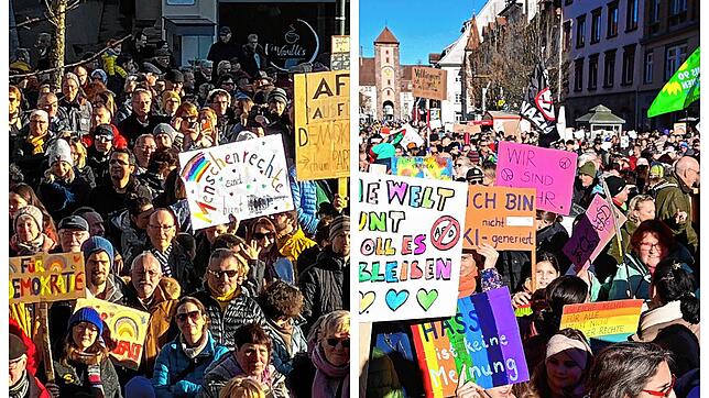 Sie zeigen: Hier ist kein Platz für Rechtsextremismus. Über 1400 Menschen gehen in Donaueschingen am Samstag auf die Straße (links) um ...