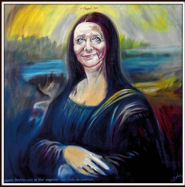 „Ungefähr 500 Jahre nach da Vinci umgemalt von Pietro da Costanza“ steht unten auf dem Bild. Oben: „AngelLisa“.
