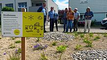 Wie steht es um Biodiversität und Hitzeregulation? Die Biodiversitätsgruppe besichtigt umgesetzte Projekte – hier in einem Wohngebiet. ...