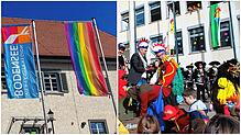 Vor dem Rathaus in Sipplingen (links) weht die Regenbogenfahne seit Februar dauerhaft. In Friedrichshafen zeigt das Rathaus – wie ...