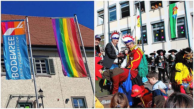 Vor dem Rathaus in Sipplingen (links) weht die Regenbogenfahne seit Februar dauerhaft. In Friedrichshafen zeigt das Rathaus &ndash; wie ...