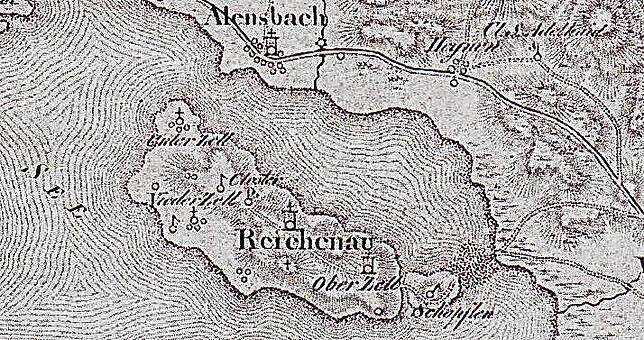 Die Furt auf einer alten Karte – zu erkennen ist die Flachstelle an den etwas kräftigeren dunklen Punkten. Heute befindet sich in ...