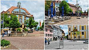 Rathausplatz (links), Hanselbrunnenplatz (oben rechts) und an der Stadtkirche (unten rechts): An drei Orten sollen neue Event-Zonen in ...