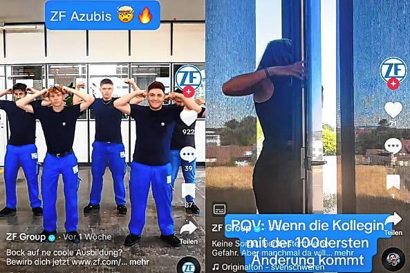 Screenshots der ZF-Videos auf TikTok: Links die tanzenden Azubis, rechts will die Frau den anstrengenden Seiten des Berufslebens entkommen.