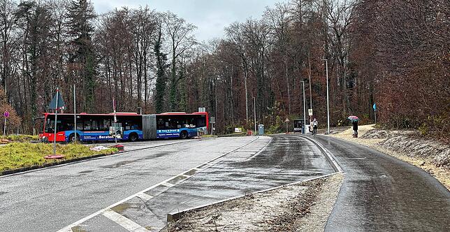 Der neue Haltestellenbereich bei Tageslicht, fotografiert mit der Universität im Rücken. Links die Eggerhaldestelle, rechts daneben der ...