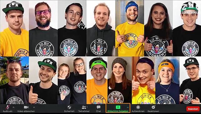 Die Mitglieder von ZWH (&ldquo;Zu wie ä Handbrems&ldquo;) bei der Video-Konferenz.