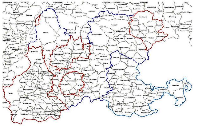 Geflügelpest: Übersicht über Sperrzonen (rot umrandet) und Beobachtungszonen (blau umrandet) im Landkreis Waldshut. (Verbesserte ...