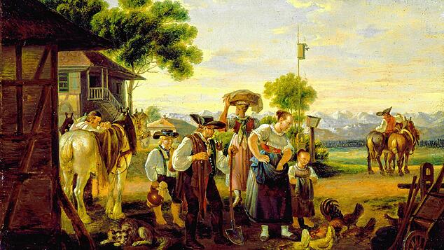 Beispiele typisch schwäbischer Genremalerei im 19. Jahrhundert sind (links) Johann Baptist Pflugs „Morgen auf einem Bauernhof im Allgäu“ ...