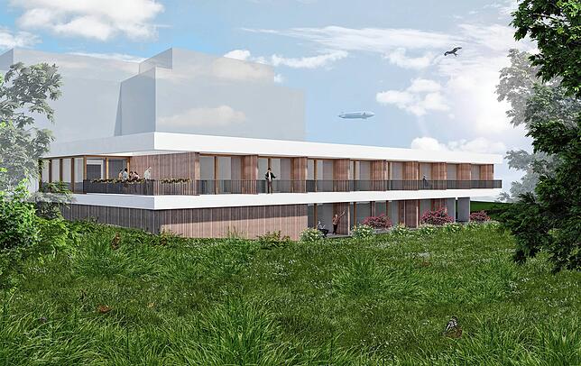 So soll das neue stationäre Bodensee Hospiz Überlingen aussehen. Der große Kubus im Hintergrund ist das neu Medicum.