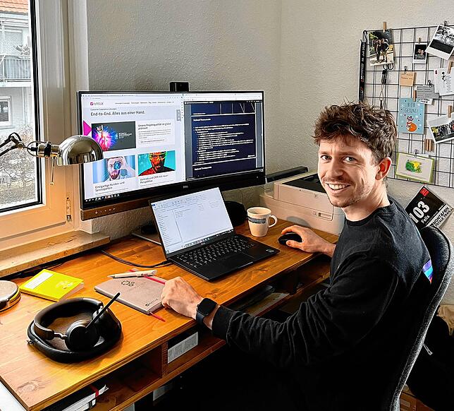 Felix Wollny, Mitarbeiter von Sybit in Radolfzell: „Als frisch gebackener Papa kann ich Arbeit und Familie dank Homeoffice gut ...