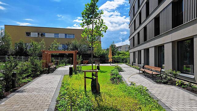 Das ist der Garten des Pflegeheims Haus Weiherhof. Ein Brunnen und Sonnenschutz fehlen noch. Konzipiert ist die Freifläche als ...