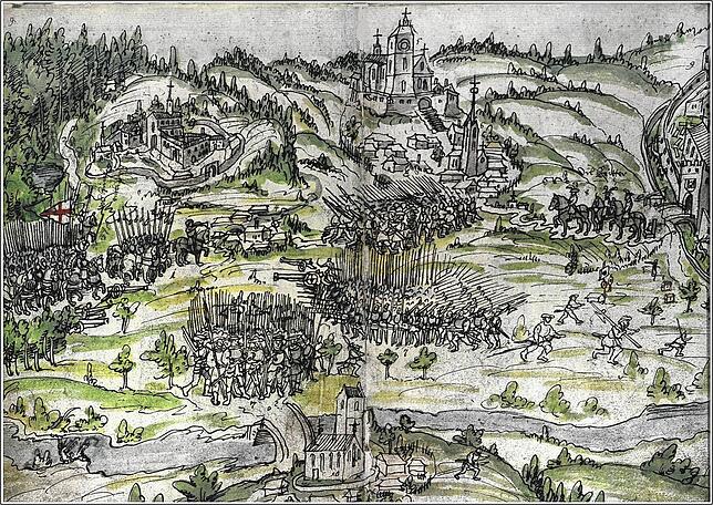Aus der Murer-Chronik stammt diese Abbildung, die das Aufeinandertreffen von Bauern und Bundesheer bei Weingarten im April 1525 illustriert.