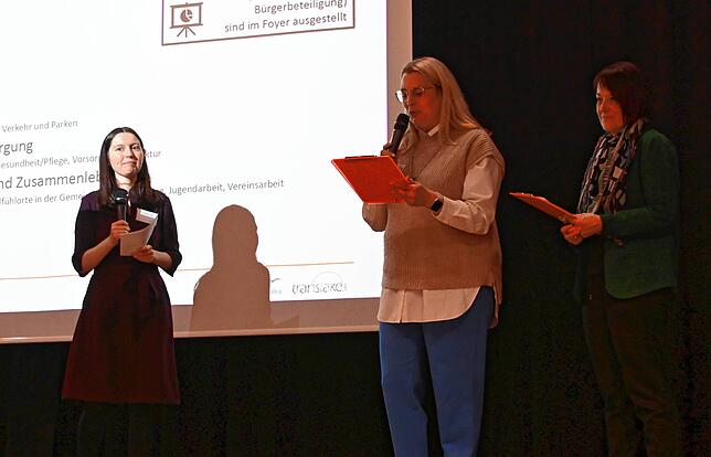 In der Schlussrunde stellen die Themen-Betreuer Beispiele für die Ergebnisse aus den Wortshops vor (von links): Nathalie Faha, Bianca ...