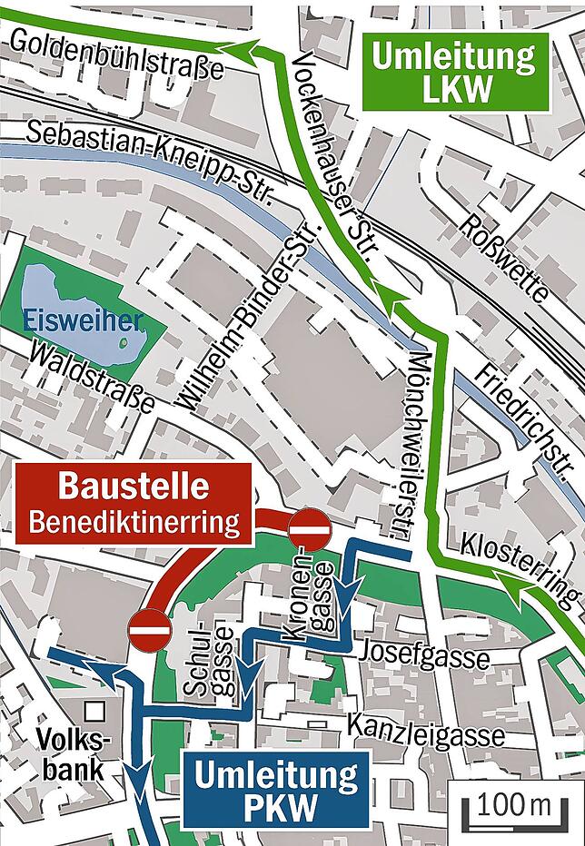 Wenn der Benediktinerring gesperrt ist, führt die Umleitung über die Kronen- und Schulgasse.
