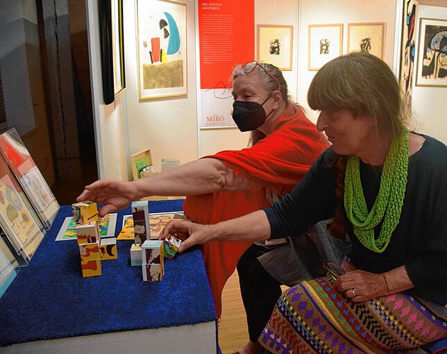 Die Vernissage-Besucherinnen Margit Allgaier-Kühnmundt (hinten) und Karin Kirgus sind von den Würfeln fasziniert, die Bildmotive von ...